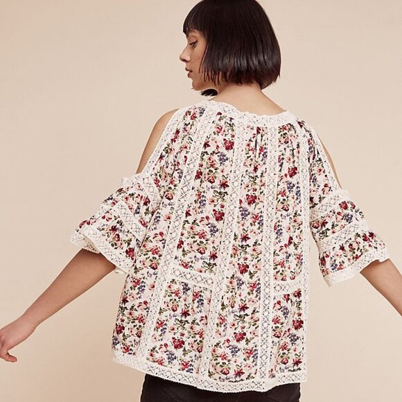 Anthro Blue Tassel Maylou Open-Shoulder Blouse - Picture 4 of 11